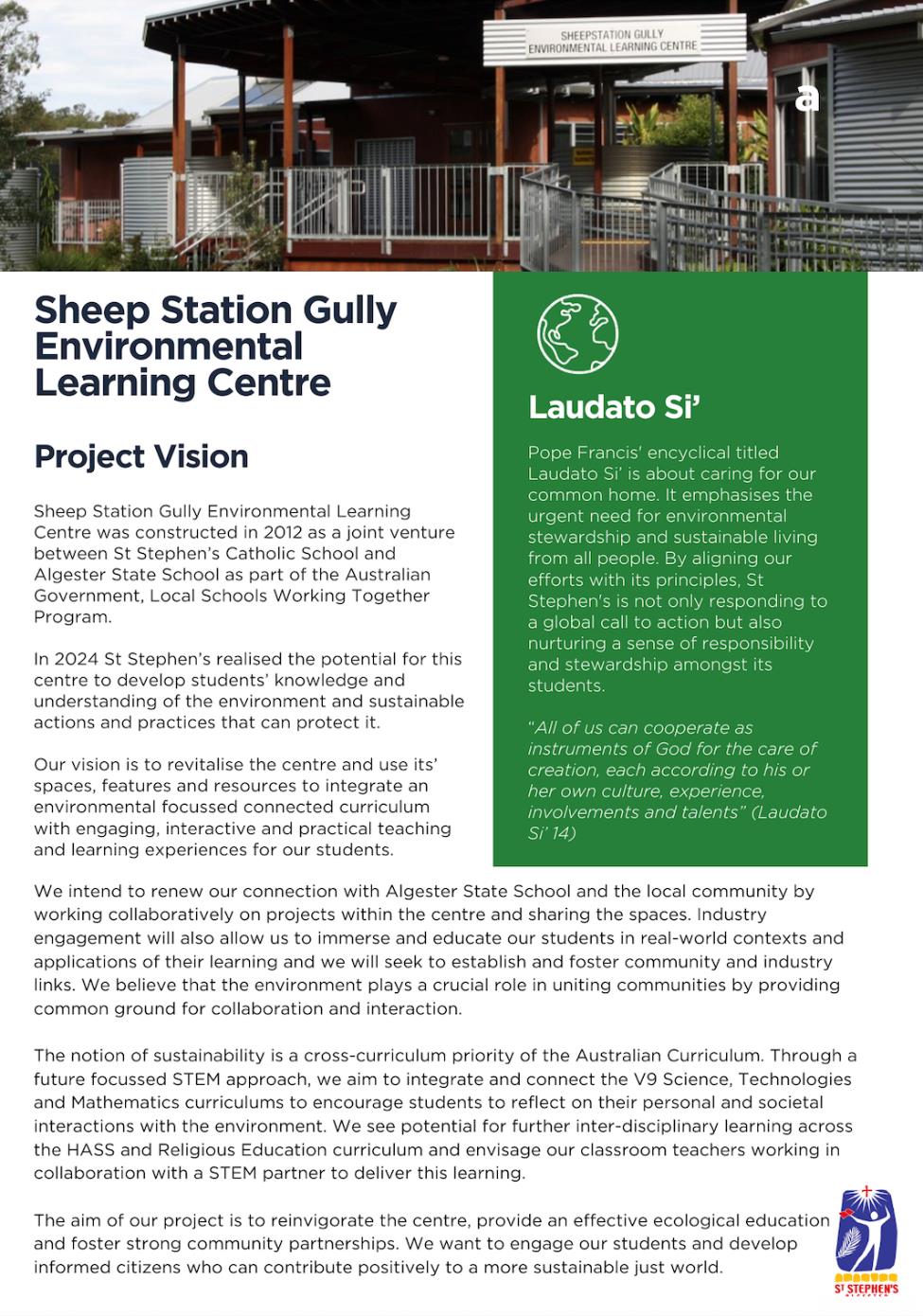 Sheep Station Gully Environmental Learning Centre flyer outlines project vision.